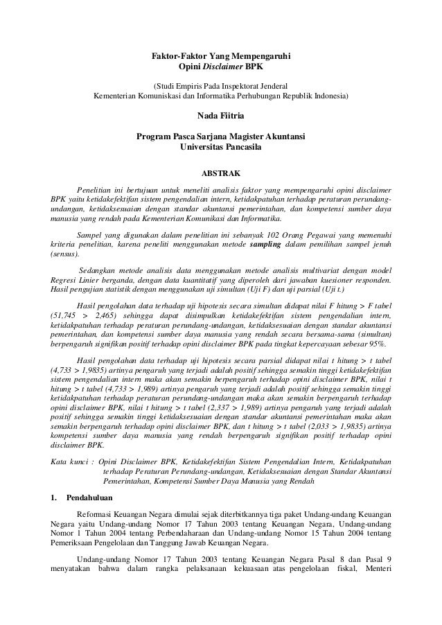 Faktor Faktor Yang Mempengaruhi Opini Dislclaimer Bpk Ri