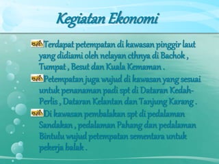 KegiatanEkonomi
Terdapat petempatan di kawasan pinggirlaut
yang didiami oleh nelayan cthnya di Bachok ,
Tumpat , Besut dan Kuala Kemaman .
Petempatan juga wujuddi kawasan yang sesuai
untuk penanamanpadi spt di Dataran Kedah-
Perlis , Dataran Kelantan dan Tanjung Karang .
Di kawasan pembalakan spt di pedalaman
Sandakan , pedalaman Pahang dan pedalaman
Bintuluwujud petempatan sementara untuk
pekerja balak .
 