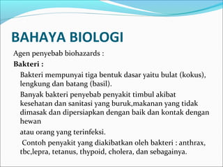 BAHAYA BIOLOGI
Agen penyebab biohazards :
Bakteri :
 Bakteri mempunyai tiga bentuk dasar yaitu bulat (kokus),
 lengkung dan batang (basil).
 Banyak bakteri penyebab penyakit timbul akibat
 kesehatan dan sanitasi yang buruk,makanan yang tidak
 dimasak dan dipersiapkan dengan baik dan kontak dengan
 hewan
 atau orang yang terinfeksi.
  Contoh penyakit yang diakibatkan oleh bakteri : anthrax,
 tbc,lepra, tetanus, thypoid, cholera, dan sebagainya.
 