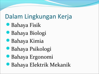 Dalam Lingkungan Kerja
Bahaya Fisik
Bahaya Biologi
Bahaya Kimia
Bahaya Psikologi
Bahaya Ergonomi
Bahaya Elektrik Mekanik
 
