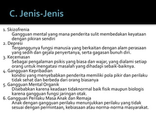 1. Skizofrenia
Gangguan mental yang mana penderita sulit membedakan keyataan
dengan pikiran sendiri
2. Depresi
Terganggunya fungsi manusia yang berkaitan dengan alam perasaan
yang sedih dan gejala penyertanya, serta gagasan bunuh diri.
3. Kecemasan
Sebagai pengalaman psikis yang biasa dan wajar, yang dialami setiap
orang untuk mengatasi masalah yang dihadapi sebaik-baiknya.
4. Gangguan Kepribadian
kondisi yang menyebabkan penderita memiliki pola pikir dan perilaku
tidak sehat dan berbeda dari orang biasanya
5. Gangguan Mental Organik
Disebabkan karena keadaan tidaknormal baik fisik maupun biologis
karena gangguan fungsi jaringan otak.
6. Gangguan Perilaku Masa Anak dan Remaja
Anak dengan gangguan perilaku menunjukkan perilaku yang tidak
sesuai dengan permintaan, kebiasaan atau norma-norma masyarakat.
 