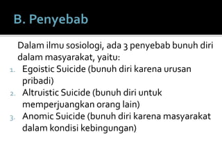 Dalam ilmu sosiologi, ada 3 penyebab bunuh diri
dalam masyarakat, yaitu:
1. Egoistic Suicide (bunuh diri karena urusan
pribadi)
2. Altruistic Suicide (bunuh diri untuk
memperjuangkan orang lain)
3. Anomic Suicide (bunuh diri karena masyarakat
dalam kondisi kebingungan)
 