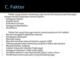 Faktor yang memicu seseorang ingin bunuh diri biasanya berhubungan
dengan kondisi kesehatan mental seperti:
1. Gangguan bipolar
2. Depresi berat
3. Anoreksia nervosa
4. Gangguan kepribadian
5. Skizofrenia
Faktor lain yang bisa juga memicu seseorang bunuh diri adalah:
1. Pernah mengalami pelecehan seksual
2. Kehilangan pekerjaan
3. Memiliki utang
4. Memiliki orientasi seksual tertentu seperti LGBT
5. Tahanan penjara atau seseorang yang baru bebas dari penjara
6. Menjadi korban bullying
7. Cobaan hidup dan tekanan lingkungan
8. Gangguan kejiwaan / tidak waras (gila)
9. Himpitan ekonomi atau kemiskinan (harta / iman / ilmu)
10. Penderitaan karena penyakit yang berkepanjangan.
 