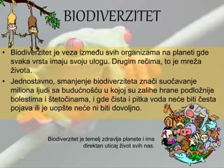 • Biodiverzitet je veza između svih organizama na planeti gde
svaka vrsta imaju svoju ulogu. Drugim rečima, to je mreža
života.
• Jednostavno, smanjenje biodiverziteta znači suočavanje
miliona ljudi sa budućnošću u kojoj su zalihe hrane podložnije
bolestima i štetočinama, i gde čista i pitka voda neće biti česta
pojava ili je uopšte neće ni biti dovoljno.
BIODIVERZITET
Biodiverzitet je temelj zdravlja planete i ima
direktan uticaj život svih nas.
 