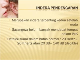  Merupakan indera terpenting kedua setelah
mata
 Sayangnya belum banyak mendapat tempat
dalam IMK
 Deteksi suara dalam batas normal : 20 Hertz –
20 Khertz atau 20 dB– 140 dB (decible)
 
