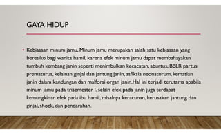 GAYA HIDUP
• Kebiasaan minum jamu, Minum jamu merupakan salah satu kebiasaan yang
beresiko bagi wanita hamil, karena efek minum jamu dapat membahayakan
tumbuh kembang janin seperti menimbulkan kecacatan, aburtus, BBLR partus
prematurus, kelainan ginjal dan jantung janin, asfiksia neonatorum, kematian
janin dalam kandungan dan malforsi organ janin.Hal ini terjadi terutama apabila
minum jamu pada trisemester I. selain efek pada janin juga terdapat
kemungkinan efek pada ibu hamil, misalnya keracunan, kerusakan jantung dan
ginjal, shock, dan pendarahan.
 
