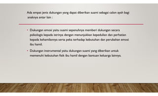 Ada empat jenis dukungan yang dapat diberikan suami sebagai calon ayah bagi
anaknya antar lain :
• Dukungan emosi yaitu suami sepenuhnya memberi dukungan secara
psikologis kepada istrinya dengan menunjukkan kepedulian dan perhatian
kepada kehamilannya serta peka terhadap kebutuhan dan perubahan emosi
ibu hamil.
• Dukungan instrumental yaitu dukungan suami yang diberikan untuk
memenuhi kebutuhan fisik ibu hamil dengan bantuan keluarga lainnya.
 