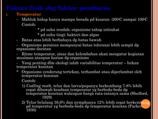 Faktor fisik sbg faktor pembatas
1. Temperatur
- Mahluk hidup hanya mampu berada pd kisaran -200o
C sampai 100o
C
Contoh:
* pd suhu rendah: organisme tahap istirahat
* pd suhu tingi: bakteri dan algae
- Batas atas lebih berbahaya dp batas bawah
- Organisme perairan mempunyai batas toleransi lebih sempit dp
organisme daratan
- Ritme temperatur, sinar dan kelembaban akan mengatur kegiatan
musiman ataupun harian dp organisme
- Yang penting dlm ekologi ialah variabilitas temperatur – bukan
temperatur konstan
* Organisme cenderung tertekan, terhambat atau diperlambat oleh
temperatur konstan
Contoh:
1) Codling moth, telur dan larva/pupanya berkembang 7-8% lebih
cepat dibawah keadaan temperatur yg berbeda-beda dp
temperatur konstan walaupun harga rata-ratanya sama (Shelford,
1929)
2) Telur belalang 38,6% dan nymphanya 12% lebih cepat berkembang
pd temperatur yg berbeda-beda dp temperatur konstan (Parker,
1930)
 
