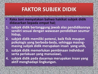 FAKTOR SUBJEK DIDIK 
• Raka Joni menyatakan bahwa hakikat subjek didik 
didasarkan kepada empat hal; 
1. subjek didik bertanggung jawab alas pendidikannya 
sendiri sesuai dengan wawasan pendidikan seumur 
hidup, 
2. subjek didik memiliki potensi, baik fisik maupun 
psikologis yang berbeda-beda, sehingga masing-masing 
subjek didik merupakan insan yang unik, 
3. subjek didik memerlukan pembinaan individual 
serta perlakuan yang manusiawi, 
4. subjek didik pada dasarnya merupakan insan yang 
aktif menghadapi lingkungan. 
 