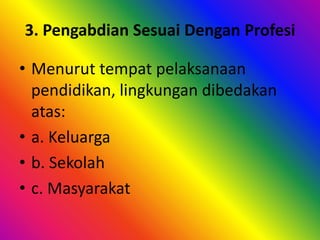 3. Pengabdian Sesuai Dengan Profesi 
• Menurut tempat pelaksanaan 
pendidikan, lingkungan dibedakan 
atas: 
• a. Keluarga 
• b. Sekolah 
• c. Masyarakat 
 