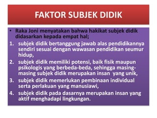 FAKTOR SUBJEK DIDIK 
• Raka Joni menyatakan bahwa hakikat subjek didik 
didasarkan kepada empat hal; 
1. subjek didik bertanggung jawab alas pendidikannya 
sendiri sesuai dengan wawasan pendidikan seumur 
hidup, 
2. subjek didik memiliki potensi, baik fisik maupun 
psikologis yang berbeda-beda, sehingga masing-masing 
subjek didik merupakan insan yang unik, 
3. subjek didik memerlukan pembinaan individual 
serta perlakuan yang manusiawi, 
4. subjek didik pada dasarnya merupakan insan yang 
aktif menghadapi lingkungan. 
 