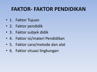 FAKTOR- FAKTOR PENDIDIKAN 
• 1. Faktor Tujuan 
• 2. Faktor pendidik 
• 3. Faktor subjek didik 
• 4. Faktor isi/materi Pendidikan 
• 5. Faktor cara/metode dan alat 
• 6. Faktor situasi lingkungan 
 