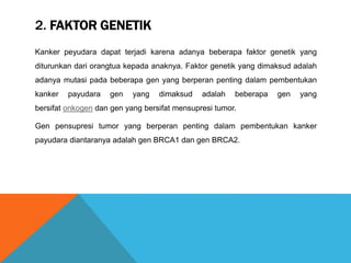 2. FAKTOR GENETIK
Kanker peyudara dapat terjadi karena adanya beberapa faktor genetik yang
diturunkan dari orangtua kepada anaknya. Faktor genetik yang dimaksud adalah
adanya mutasi pada beberapa gen yang berperan penting dalam pembentukan
kanker payudara gen yang dimaksud adalah beberapa gen yang
bersifat onkogen dan gen yang bersifat mensupresi tumor.
Gen pensupresi tumor yang berperan penting dalam pembentukan kanker
payudara diantaranya adalah gen BRCA1 dan gen BRCA2.
 