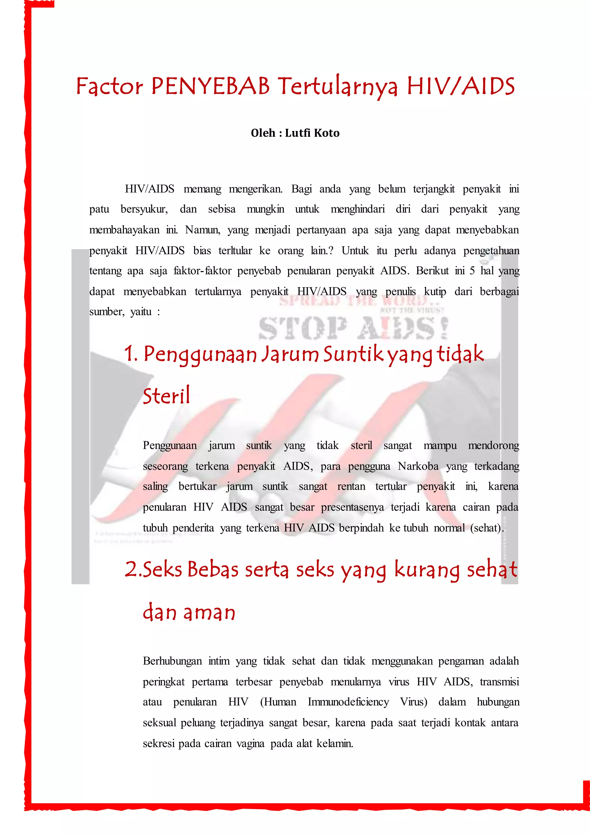 Faktor penyebab tertularnya penyakit hiv aids | PDF