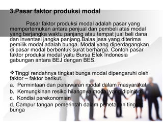 3.Pasar faktor produksi modal 
Pasar faktor produksi modal adalah pasar yang 
mempertemukan antara penjual dan pembeli atas modal 
yang berjangka waktu panjang atau tempat jual beli dana 
dan inventasi jangka panjang.Balas jasa yang diterima 
pemilik modal adalah bunga. Modal yang diperdagangkan 
di pasar modal berbentuk surat berharga. Contoh pasar 
faktor produksi modal yaitu Bursa Efek Indonesia 
gabungan antara BEJ dengan BES. 
Tinggi rendahnya tingkat bunga modal dipengaruhi oleh 
faktor – faktor berikut. 
a. Permintaan dan penawaran modal dalam masyarakat 
b. Kemungkinan resiko hilangnya modal yang dipinjam 
c. Kondisi perekonomian 
d. Campur tangan pemerintah dalam penetapan tingkat 
bunga 
 