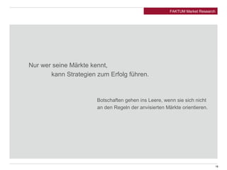 Nur wer seine Märkte kennt, 
kann Strategien zum Erfolg führen. 
Botschaften gehen ins Leere, wenn sie sich nicht 
an den Regeln der anvisierten Märkte orientieren. 
18 
FAKTUM Market Research 
 