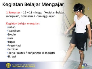 1 Semester = 16 – 18 minggu “kegiatan belajar 
mengajar”, termasuk 2 ‐3 minggu ujian.
Kegiatan belajar mengajar:
Kuliah
Praktikum
Studio
Kuis
Tugas
Presentasi
Seminar
Kerja Praktek / Kunjungan ke Industri
Skripsi
Kegiatan Belajar MengajarKegiatan Belajar Mengajar
 