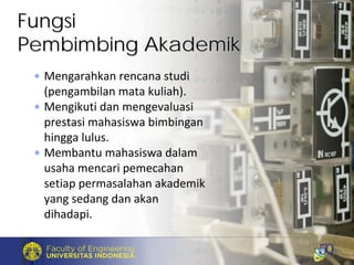 Mengarahkan rencana studi
(pengambilan mata kuliah).
Mengikuti dan mengevaluasi 
prestasi mahasiswa bimbingan 
hingga lulus.
Membantu mahasiswa dalam 
usaha mencari pemecahan 
setiap permasalahan akademik 
yang sedang dan akan 
dihadapi.
FungsiFungsi
Pembimbing AkademikPembimbing Akademik
 