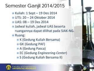 Kuliah: 1 Sept – 19 Des 2014
UTS: 20 – 24 Oktober 2014
UAS: 08 – 19 Des 2014
Jadwal kuliah, jadwal UAS beserta 
ruangannya dapat dilihat pada SIAK‐NG.
Ruang:
K (Gedung Kuliah Bersama)
GK (Gedung PAF)
A (Gedung Pasca)
EC (Gedung Engineering Center)
S (Gedung Kuliah Bersama II)
Semester Ganjil 2014/2015Semester Ganjil 2014/2015
 