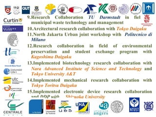 9.Research Collaboration TU Darmstadt in field of
municipal waste technology and management
10.Arcitectural research collaboration with Tokyo Daigaku
11.North Jakarta Urban joint workshop with Politecnico di
Milano
12.Research collaboration in field of environmental
preservation and student exchange program with
Kagoshima Daigaku
13.Implemented biotechnology research collaboration with
Nara Advanced Institute of Science and Technology and
Tokyo University A&T
14.Implemented mechanical research collaboration with
Tokyo Toritsu Daigaku
15.Implemented electronic device research collaboration
and DDP with Shizuoka University
 