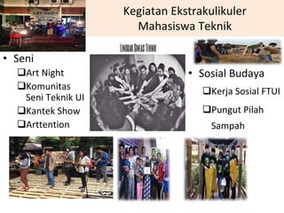 Kegiatan Ekstrakulikuler 
Mahasiswa Teknik
• Seni
Art Night
Komunitas 
Seni Teknik UI
Kantek Show
Arttention
• Sosial Budaya
Kerja Sosial FTUI 
Pungut Pilah 
Sampah
 
