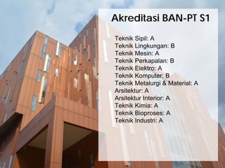 Teknik Sipil: A
Teknik Lingkungan: B
Teknik Mesin: A
Teknik Perkapalan: B
Teknik Elektro: A
Teknik Komputer: B
Teknik Metalurgi & Material: A
Arsitektur: A
Arsitektur Interior: A
Teknik Kimia: A
Teknik Bioproses: A
Teknik Industri: A
Akreditasi BANAkreditasi BAN--PTPT S1S1
 