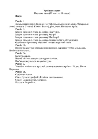 Країнознавство
Німецька мова (10 клас — 68 годин)
Вступ
Розділ І.
Загальні відомості з фізичної географії німецькомовних країн. Федеральні
землі, кантони. Столиці. Клімат. Рельєф, ріки, гори. Населення країн.
Розділ II.
Історія основнихетапів розвиткуНімеччини.
Історія основнихетапів розвиткуАвстрії.
Історія основнихетапів розвиткуШвейцарії.
Історія основнихетапів розвиткуЛюксембургата Ліхтенштейн.
Особливостірозвитку німецької мовина території країн.
Розділ III.
Політична система німецькомовних країн. Державні устрої. Символіка.
Національна валюта.
Розділ IV.
Культура країн.
Великі міста як центри культурного життя.
Пам'ятники культури та архітектури.
Розділ V.
Звичаї та національні традиції у німецькомовних країнах. Різдво. Паска.
Карнавал.
Розділ VI.
Соціальне життя.
Сім'я. Сучасніпрофесії. Дозвілля та відпочинок.
Спорт. Соціальне забезпечення.
Податки. Безробіття.
 