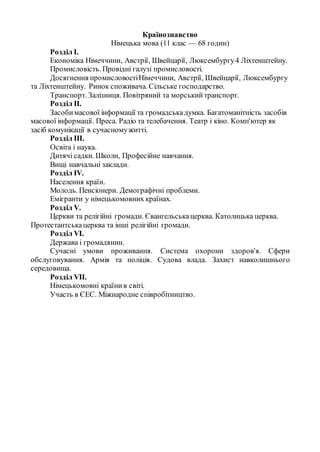 Країнознавство
Німецька мова (11 клас — 68 годин)
Розділ І.
Економіка Німеччини, Австрії, Швейцарії, Люксембургу4 Ліхтенштейну.
Промисловість. Провідні галузі промисловості.
Досягнення промисловостіНімеччини, Австрії, Швейцарії, Люксембургу
та Ліхтенштейну. Ринок споживача. Сільське господарство.
Транспорт. Залізниця. Повітряний та морськийтранспорт.
Розділ II.
Засобимасової інформації та громадськадумка. Багатоманітність засобів
масової інформації. Преса. Радіо та телебачення. Театр і кіно. Комп'ютер як
засіб комунікації в сучасномужитті.
Розділ III.
Освіта і наука.
Дитячі садки. Школи, Професійне навчання.
Вищі навчальні заклади.
Розділ IV.
Населення країн.
Молодь. Пенсіонери. Демографічні проблеми.
Емігранти у німецькомовних країнах.
Розділ V.
Церкви та релігійні громади. Євангельськацерква. Католицька церква.
Протестантськацерква та інші релігійні громади.
Розділ VI.
Держава і громадянин.
Сучасні умови проживання. Система охорони здоров'я. Сфери
обслуговування. Армія та поліція. Судова влада. Захист навколишнього
середовища.
Розділ VII.
Німецькомовні країнив світі.
Участь в ЄЕС. Міжнародне співробітництво.
 