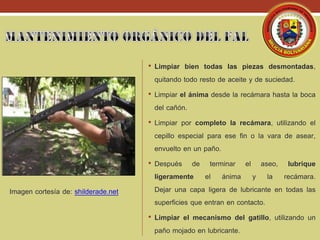 • Limpiar bien todas las piezas desmontadas,
quitando todo resto de aceite y de suciedad.
• Limpiar el ánima desde la recámara hasta la boca
del cañón.
• Limpiar por completo la recámara, utilizando el
cepillo especial para ese fin o la vara de asear,
envuelto en un paño.
• Después de terminar el aseo, lubrique
ligeramente el ánima y la recámara.
Dejar una capa ligera de lubricante en todas las
superficies que entran en contacto.
• Limpiar el mecanismo del gatillo, utilizando un
paño mojado en lubricante.
Imagen cortesía de: shilderade.net
 