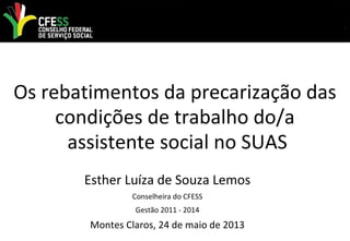 Os rebatimentos da precarização das
condições de trabalho do/a
assistente social no SUAS
Esther Luíza de Souza Lemos
Conselheira do CFESS
Gestão 2011 - 2014
Montes Claros, 24 de maio de 2013
 