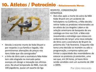 10. Atletas / Patrocínio - Relacionamento Marcas
RESPEITO , CONSIDERAÇÃO
ESTRATÉGIA
• Dois dias após a morte do astro da NBA
Kobe Bryant em um acidente de
helicóptero na Califórnia, a Nike decidiu
retirar todos os produtos relacionados ao
ex-atleta do Los Angeles Lakers e da
seleção americana de basquete de seu
catálogo on-line nos EUA. a Nike está
reavaliando a estratégia que estava em
andamento de lançar uma nova coleção
de tênis com a assinatura de Bryant no
próximo dia 7 de fevereiro. Enquanto não
toma uma decisão se mantém ou adia a
programação, a empresa optou por
limitar a capacidade dos revendedores de
estocar os produtos já existentes, uma
vez que, em 24 horas, já havia tênis
sendo vendidos com um aumento de 200
a 300%.
• Devido à recente morte de Kobe Bryant e
por respeito à sua família e legado, não
permitiremos alterações de preços nos
itens Kobe que são consignados“
• a linha de tênis com a assinatura Nike Kobe
tem sido elogiada no mercado pelos
avanços em design e inovação nos últimos
anos. Na atual temporada da NBA, mais de
100 jogadores, quase um quarto da liga Por Líbia Macedo
 