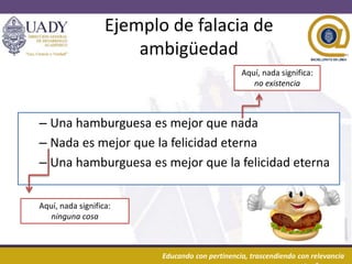 20/03/2016 8Educando con pertinencia, trascendiendo con relevancia
Ejemplo de falacia de
ambigüedad
– Una hamburguesa es mejor que nada
– Nada es mejor que la felicidad eterna
– Una hamburguesa es mejor que la felicidad eterna
Aquí, nada significa:
ninguna cosa
Aquí, nada significa:
no existencia
 