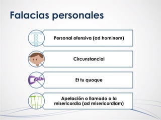Personal ofensiva (ad hominem)
Circunstancial
Et tu quoque
Apelación o llamado a la
misericordia (ad misericordiam)
Falacias personales
 