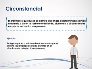 Circunstancial
El argumento que busca se admita el rechazo a determinada opinión
atacando a quien la sostiene o defiende, aludiendo a circunstancias
en que se encuentra esa persona.
Ejemplo:
Es lógico que va a estar en desacuerdo con que se
elimine la participación de los alumnos en el
directorio del colegio, si es un alumno
 