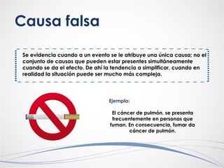 Causa falsa
Se evidencia cuando a un evento se le atribuye una única causa; no el
conjunto de causas que pueden estar presentes simultáneamente
cuando se da el efecto. De ahí la tendencia a simplificar, cuando en
realidad la situación puede ser mucho más compleja.
Ejemplo:
El cáncer de pulmón, se presenta
frecuentemente en personas que
fuman. En consecuencia, fumar da
cáncer de pulmón.
 