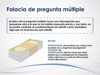Falacia de pregunta múltiple
Es típico de la pregunta múltiple hacer una interrogación que
presupone otra a la que no ha habido respuesta previa y, por tanto, no
se puede contestar el cuestionamiento sin admitir como verdadero
algo que no tenemos por qué admitir.
Ejemplo:
INVESTIGADOR: ¿Aumentaron sus ventas como
resultado de su engañosa propaganda?
ACUSADO: No
IINVESTIGADOR: ¡Ajá! De modo que usted
admite que su propaganda era engañosa.
¿Sabe usted que su conducta ética puede
crearle dificultades?
 
