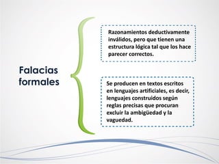 Razonamientos deductivamente
inválidos, pero que tienen una
estructura lógica tal que los hace
parecer correctos.
Se producen en textos escritos
en lenguajes artificiales, es decir,
lenguajes construidos según
reglas precisas que procuran
excluir la ambigüedad y la
vaguedad.
Falacias
formales
 