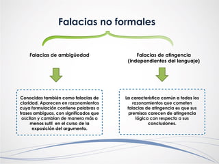 Conocidas también como falacias de
claridad. Aparecen en razonamientos
cuya formulación contiene palabras o
frases ambiguas, con significados que
oscilan y cambian de manera más o
menos sutil en el curso de la
exposición del argumento.
Falacias no formales
Falacias de ambigüedad Falacias de atingencia
(independientes del lenguaje)
La característica común a todos los
razonamientos que cometen
falacias de atingencia es que sus
premisas carecen de atingencia
lógica con respecto a sus
conclusiones.
 