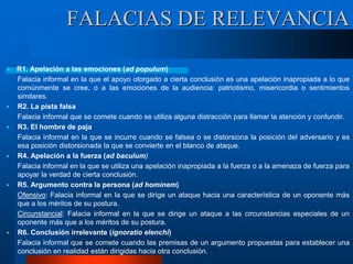  R1. Apelación a las emociones (ad populum)
Falacia informal en la que el apoyo otorgado a cierta conclusión es una apelación inapropiada a lo que
comúnmente se cree, o a las emociones de la audiencia: patriotismo, misericordia o sentimientos
similares.
 R2. La pista falsa
Falacia informal que se comete cuando se utiliza alguna distracción para llamar la atención y confundir.
 R3. El hombre de paja
Falacia informal en la que se incurre cuando se falsea o se distorsiona la posición del adversario y es
esa posición distorsionada la que se convierte en el blanco de ataque.
 R4. Apelación a la fuerza (ad baculum)
Falacia informal en la que se utiliza una apelación inapropiada a la fuerza o a la amenaza de fuerza para
apoyar la verdad de cierta conclusión.
 R5. Argumento contra la persona (ad hominem)
Ofensivo: Falacia informal en la que se dirige un ataque hacia una característica de un oponente más
que a los méritos de su postura.
Circunstancial: Falacia informal en la que se dirige un ataque a las circunstancias especiales de un
oponente más que a los méritos de su postura.
 R6. Conclusión irrelevante (ignoratio elenchi)
Falacia informal que se comete cuando las premisas de un argumento propuestas para establecer una
conclusión en realidad están dirigidas hacia otra conclusión.
FALACIAS DE RELEVANCIA
 