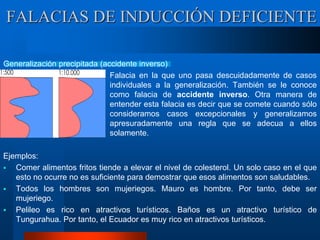 FALACIAS DE INDUCCIÓN DEFICIENTE
Generalización precipitada (accidente inverso)
Falacia en la que uno pasa descuidadamente de casos
individuales a la generalización. También se le conoce
como falacia de accidente inverso. Otra manera de
entender esta falacia es decir que se comete cuando sólo
consideramos casos excepcionales y generalizamos
apresuradamente una regla que se adecua a ellos
solamente.
Ejemplos:
 Comer alimentos fritos tiende a elevar el nivel de colesterol. Un solo caso en el que
esto no ocurre no es suficiente para demostrar que esos alimentos son saludables.
 Todos los hombres son mujeriegos. Mauro es hombre. Por tanto, debe ser
mujeriego.
 Pelileo es rico en atractivos turísticos. Baños es un atractivo turístico de
Tungurahua. Por tanto, el Ecuador es muy rico en atractivos turísticos.
 