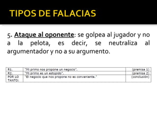 5 .  Ataque al oponente : se golpea al jugador y no a la pelota, es decir, se neutraliza al argumentador y no a su argumento. 