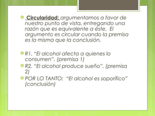     Circularidad: argumentamos a favor de
    nuestro punto de vista, entregando una
    razón que es equivalente a éste. El
    argumento es circular cuando la premisa
    es la misma que la conclusión.

 R1. “El alcohol afecta a quienes lo
  consumen”. (premisa 1)
 R2. “El alcohol produce sueño”. (premisa
  2)
 POR LO TANTO: “El alcohol es soporífico”
  (conclusión)
 