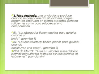 3. Falsa Analogía: una analogía se produce
cuando se comparan dos situaciones porque
presentan similitudes en ciertos aspectos, pero no
suficientes como para establecer una
comparación.

R1.  “Los abogados tienen escritos para guiarlos
durante un
juicio”. (premisa 1)
R2. “Los constructores tienen planos para guiarlos
cuando
construyen una casa”. (premisa 2)
POR LO TANTO: “A los estudiantes se les debería
permitir consultar sus textos de estudio durante los
exámenes”. (conclusión)
 