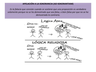 APELACIÓN A LA IGNORANCIA (AD IGNORANTIAM)
Es la falacia que consiste cuando se sostiene que una proposición es verdadera
solamente porque no se ha demostrado que sea falsa, o bien falsa por que no se ha
demostrado lo contrario.
 