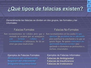 ¿Qué tipos de falacias existen?¿Qué tipos de falacias existen?
Falacias FormalesFalacias Formales Falacias No-FormalesFalacias No-Formales
Son razonamientos no válidos pero que aSon razonamientos no válidos pero que a
menudo se aceptan por su semejanzamenudo se aceptan por su semejanza
con formas válidas decon formas válidas de
razonamientorazonamiento o inferencia. Se da uno inferencia. Se da un
error que pasa inadvertidoerror que pasa inadvertido
Son razonamientos en los cualesSon razonamientos en los cuales lo quelo que
aportanaportan laslas premisas no es adecuadopremisas no es adecuado
para justificar la conclusión a la que separa justificar la conclusión a la que se
quiere llegar. Se quierequiere llegar. Se quiere convencer noconvencer no
aportando buenas razonesaportando buenas razones sinosino
apelando a elementos no pertinentes o,apelando a elementos no pertinentes o,
incluso, irracionales.incluso, irracionales.
Generalmente las falacias se dividen en dos grupos, las formales y las
informales:
Falacias de AmbigüedadFalacias de Ambigüedad
Falacias de InsuficienciaFalacias de Insuficiencia
Falacias de IrrelevanciaFalacias de Irrelevancia
Afirmación del consecuenteAfirmación del consecuente
Negación del antecedenteNegación del antecedente
Silogismo disyuntivo falazSilogismo disyuntivo falaz
Ejemplos de Falacias Formales: Ejemplos de Falacias Informales:
 