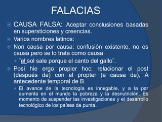 FALACIASCAUSA FALSA: Aceptar conclusiones basadas en supersticiones y creencias.Varios nombres latinos:Non causa por causa: confusión existente, no es causa pero se lo trata como causa¨el sol sale porque el canto del gallo¨.Posihie ergo propierhoc: relacionar el post (después de) con el propter (a causa de), A antecedente temporal de BEl avance de la tecnología es innegable, y a la par aumenta en el mundo la pobreza y la desnutrición. Es momento de suspender las investigaciones y el desarrollo tecnológico de los países de punta.