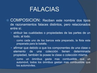 FALACIASCOMPOSICION: Reciben este nombre dos tipos de razonamientos falaces distintos, pero relacionados entre sí.atribuir las cualidades o propiedades de las partes de un todo, al todo.como cada uno de los barcos esta preparado, la flota esta preparada para la batalla.afirmar que debido a que los componentes de una clase o elemento de una colección tienen determinada propiedad, también la posee la clase o colección misma. como un ómnibus gasta mas combustible que un automóvil, todos los ómnibus gastan mas combustible que los automóviles.