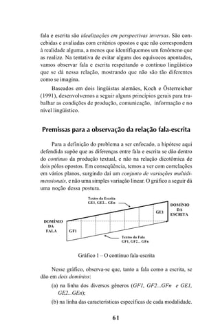61
fala e escrita são idealizações em perspectivas inversas. São con-
cebidas e avaliadas com critérios opostos e que não correspondem
à realidade alguma, a menos que identifiquemos um fenômeno que
as realize. Na tentativa de evitar alguns dos equívocos apontados,
vamos observar fala e escrita respeitando o contínuo lingüístico
que se dá nessa relação, mostrando que não são tão diferentes
como se imagina.
Baseados em dois lingüistas alemães, Koch e Österreicher
(1991), desenvolvemos a seguir alguns princípios gerais para tra-
balhar as condições de produção, comunicação, informação e no
nível lingüístico.
Premissas para a observação da relação fala-escrita
Para a definição do problema a ser enfocado, a hipótese aqui
defendida supõe que as diferenças entre fala e escrita se dão dentro
do continuo da produção textual, e não na relação dicotômica de
dois pólos opostos. Em conseqüência, temos a ver com correlações
em vários planos, surgindo daí um conjunto de variações multidi-
mensionais, e não uma simples variação linear. O gráfico a seguir dá
uma noção dessa postura.
Nesse gráfico, observa-se que, tanto a fala como a escrita, se
dão em dois domínios:
(a) na linha dos diversos gêneros (GF1, GF2...GFn e GE1,
GE2...GEn);
(b) na linha das características específicas de cada modalidade.
Gráfico 1 – O contínuo fala-escrita
Livro Fala e escrita 050707finalgrafica.pmd 05/07/2007, 16:40
61
 