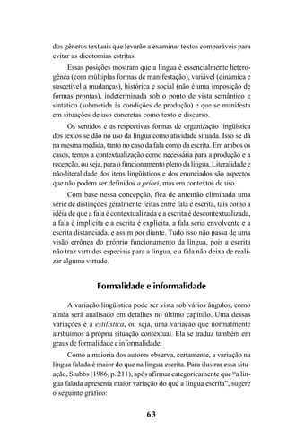 63
dos gêneros textuais que levarão a examinar textos comparáveis para
evitar as dicotomias estritas.
Essas posições mostram que a língua é essencialmente hetero-
gênea (com múltiplas formas de manifestação), variável (dinâmica e
suscetível a mudanças), histórica e social (não é uma imposição de
formas prontas), indeterminada sob o ponto de vista semântico e
sintático (submetida às condições de produção) e que se manifesta
em situações de uso concretas como texto e discurso.
Os sentidos e as respectivas formas de organização lingüística
dos textos se dão no uso da língua como atividade situada. Isso se dá
na mesma medida, tanto no caso da fala como da escrita. Em ambos os
casos, temos a contextualização como necessária para a produção e a
recepção, ou seja, para o funcionamento pleno da língua. Literalidade e
não-literalidade dos itens lingüísticos e dos enunciados são aspectos
que não podem ser definidos a priori, mas em contextos de uso.
Com base nessa concepção, fica de antemão eliminada uma
série de distinções geralmente feitas entre fala e escrita, tais como a
idéia de que a fala é contextualizada e a escrita é descontextualizada,
a fala é implícita e a escrita é explícita, a fala seria envolvente e a
escrita distanciada, e assim por diante. Tudo isso não passa de uma
visão errônea do próprio funcionamento da língua, pois a escrita
não traz virtudes especiais para a língua, e a fala não deixa de reali-
zar alguma virtude.
Formalidade e informalidade
A variação lingüística pode ser vista sob vários ângulos, como
ainda será analisado em detalhes no último capítulo. Uma dessas
variações é a estilística, ou seja, uma variação que normalmente
atribuímos à própria situação contextual. Ela se traduz também em
graus de formalidade e informalidade.
Como a maioria dos autores observa, certamente, a variação na
língua falada é maior do que na língua escrita. Para ilustrar essa situ-
ação, Stubbs (1986, p. 211), após afirmar categoricamente que “a lín-
gua falada apresenta maior variação do que a língua escrita”, sugere
o seguinte gráfico:
Livro Fala e escrita 050707finalgrafica.pmd 05/07/2007, 16:40
63
 