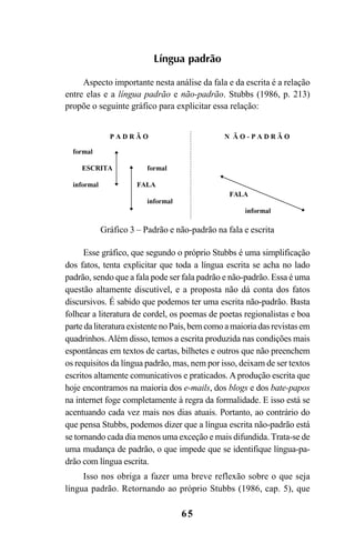 65
Língua padrão
Aspecto importante nesta análise da fala e da escrita é a relação
entre elas e a língua padrão e não-padrão. Stubbs (1986, p. 213)
propõe o seguinte gráfico para explicitar essa relação:
Esse gráfico, que segundo o próprio Stubbs é uma simplificação
dos fatos, tenta explicitar que toda a língua escrita se acha no lado
padrão, sendo que a fala pode ser fala padrão e não-padrão. Essa é uma
questão altamente discutível, e a proposta não dá conta dos fatos
discursivos. É sabido que podemos ter uma escrita não-padrão. Basta
folhear a literatura de cordel, os poemas de poetas regionalistas e boa
partedaliteraturaexistentenoPaís,bemcomoamaioriadasrevistasem
quadrinhos.Além disso, temos a escrita produzida nas condições mais
espontâneas em textos de cartas, bilhetes e outros que não preenchem
os requisitos da língua padrão, mas, nem por isso, deixam de ser textos
escritos altamente comunicativos e praticados. A produção escrita que
hoje encontramos na maioria dos e-mails, dos blogs e dos bate-papos
na internet foge completamente à regra da formalidade. E isso está se
acentuando cada vez mais nos dias atuais. Portanto, ao contrário do
que pensa Stubbs, podemos dizer que a língua escrita não-padrão está
se tornando cada dia menos uma exceção e mais difundida. Trata-se de
uma mudança de padrão, o que impede que se identifique língua-pa-
drão com língua escrita.
Isso nos obriga a fazer uma breve reflexão sobre o que seja
língua padrão. Retornando ao próprio Stubbs (1986, cap. 5), que
Gráfico 3 – Padrão e não-padrão na fala e escrita
Livro Fala e escrita 050707finalgrafica.pmd 05/07/2007, 16:40
65
 